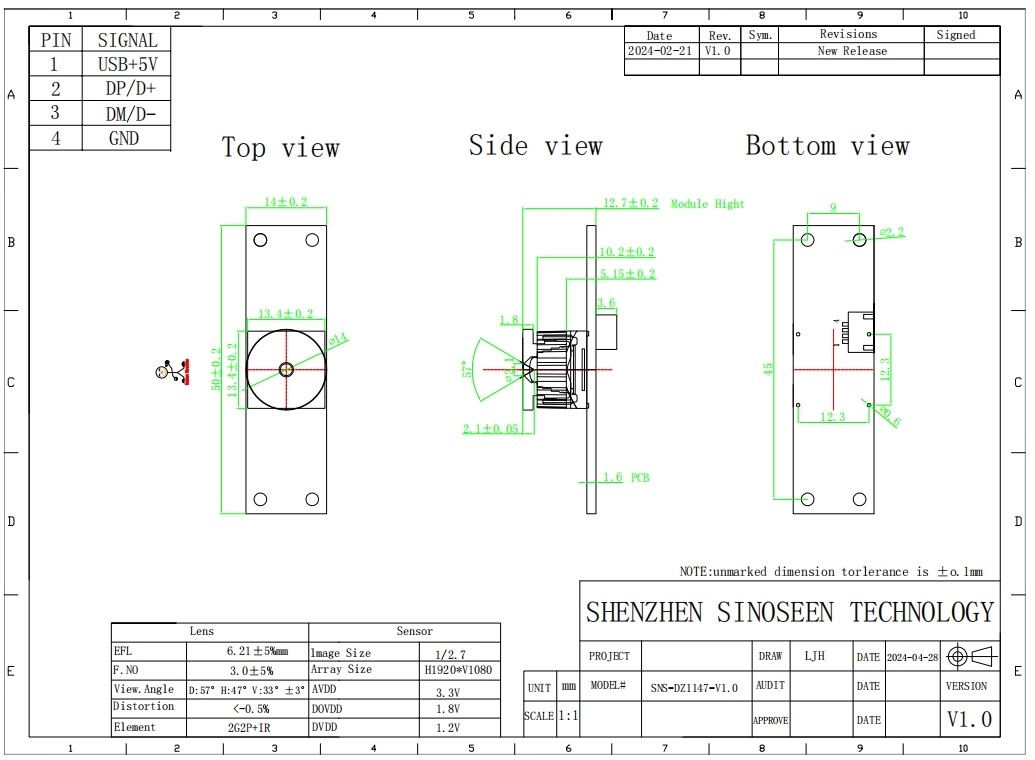 2MP 1920*1080 Interface USB de foco fixo 25FPS com módulo de câmera de sensor PS5268 para gravador de condução